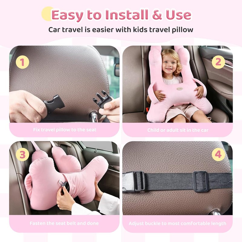 FLORICH Kids Travel Pillow, Car Sleeping Travel Pillow for Kids, Washable H-Shaped Pillow for Adults and Children to Support Head and Body for Road Trips Pillow for Car (Pink) - Image 5